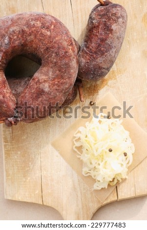 Winter food, blood sausage or black pudding (Boudin noir) from local butcher, uncooked