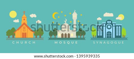 Church, mosque and synagogue colorful vector illustrations on blue background