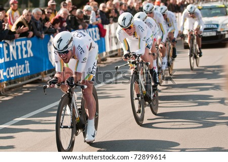 MARINA DI CARRARA, CARRARA , ITALY - MARCH 09: Team HTC - Highroad  during the 1st Time Trial stage of 2011 Tirreno-Adriatico on March 09, 2011 in Marina di Carrara, Carrara, Italy