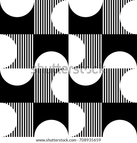 White and black geometric abstract seamless pattern. Half circles with vertical stripe design for poster, backdrop, template, fabric, textile, texture. EPS10 vector illustration.