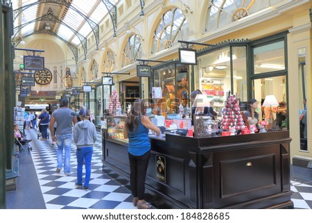 MELBOURNE AUSTRALIA - MARCH 29,2014: Unidentified people shop at Royal Arcade - Royal Arcade is a heritage shopping arcade in Melbourne, originally constructed in 1869