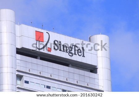 SINGAPORE - 28 May, 2014: SingTel company logo. SingTel is a Singaporean telecommunication company and one of the largest mobile network operator in Singapore.