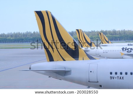 SINGAPORE - 29 May, 2014: Tigerair Airplane at Changi airport.Tigerair is a low-cost airline headquartered in Singapore.