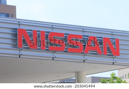 KANAZAWA JAPAN - 6 JUNE, 2014:NISSAN company logo. NISSAN is a Japanese car manufacturer and one of the biggest in Japan.