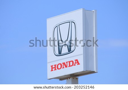KANAZAWA JAPAN - 6 JUNE, 2014:HONDA, car manufacturer logo. HONDA is a Japanese multinational car and motorbike manufacturer founded in 1946.