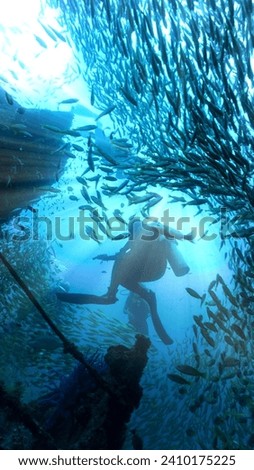 Similar – Image, Stock Photo Diver surrounded by bubbles jumping in water