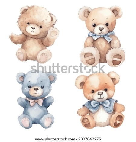 four teddy bears and blue ribbon, cute teddy