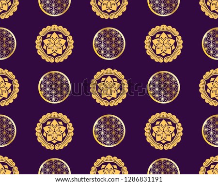 Seamless pattern with KAMON (家紋), are Japanese emblems used to decorate and identify an individual, a family. Japanese elements, Asian texture. Pattern for printing on packaging, textiles, paper. 商業照片 © 
