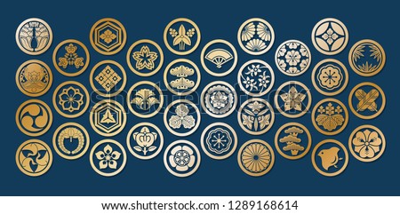 Japanese Family Crests symbol. KAMON (家紋) are Japanese emblems used to decorate and identify an individual. Gold geometric icon and Japan logo. 商業照片 © 