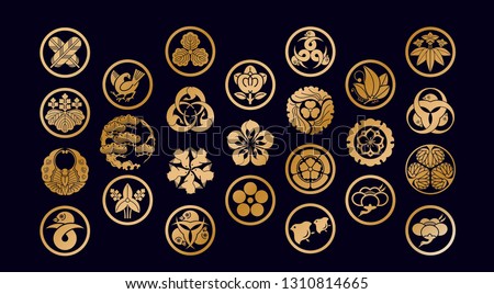 Japanese Family Crests symbol. KAMON (家紋) are Japanese emblems used to decorate and identify an individual. Gold geometric icon and Japan logo. 商業照片 © 