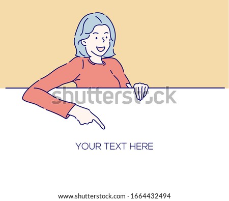 Cheerful girl is standing behind the white blank banner and pointing down at a copy space. Hand drawn thin line style, Vector illustrations.
