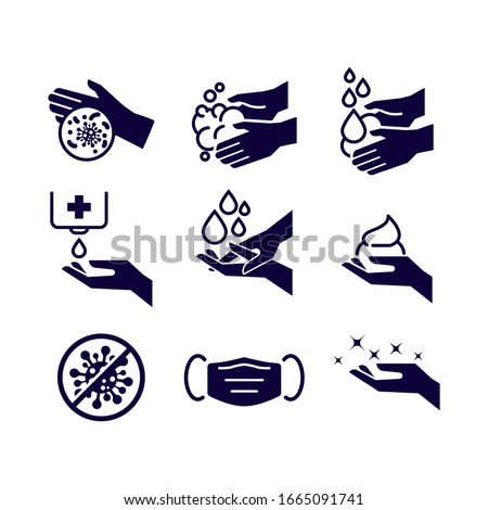 Set of Hygiene icons. The icons as hand wash, soap, alcohol, detergent, anti bacteria and mask. Vector illustrations. 商業照片 © 