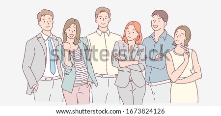 Business men and women with determination, confidence, and smart Hand drawn thin line style, vector illustrations.