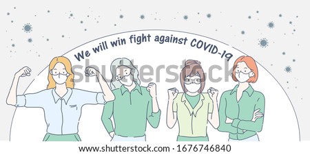 Group of woman are raising their hands with brave determination, We will win fight against COVID-19. Virus protect concept idea. Hand drawn in thin line style, vector illustrations.