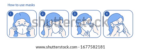 Beautiful girl is recommended how to wear a mask. Virus protection concept idea. Hand drawn in thin line style, vector illustrations.