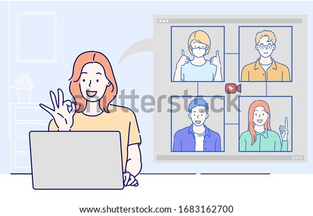 A girl use laptop computer and video call with partner. she work from home because infection control coronavirus. Hand drawn thin line style, vector illustrations.