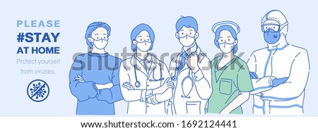 Professional medical doctors wearing protective mask, thay saying "Please stay at home". Infection control concept. Hand drawn in thin line style, vector illustrations.