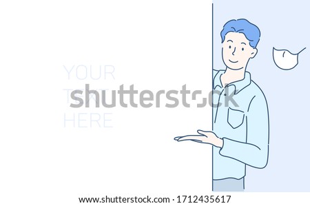 Cheerful business man is standing behind the white blank banner and pointing down at a copy space. Hand drawn in thin line style, vector illustrations. (A Mask can be removable)