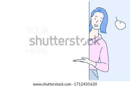 Cheerful business woman is standing behind the white blank banner and pointing down at a copy space. Hand drawn in thin line style, vector illustrations. (A Mask can be removable)