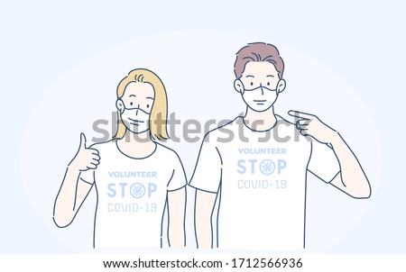 Cheerful man and woman in volunteers t-shirt, they pointing index finger on sterile face mask. Infection control concept. Hand drawn in thin line style, vector illustrations.(A Mask can be removable)