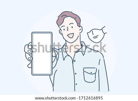 Cheerful man raised his hand to show the screen in mobile phone. Hand drawn in thin line style, vector illustrations. (A Mask can be removable)