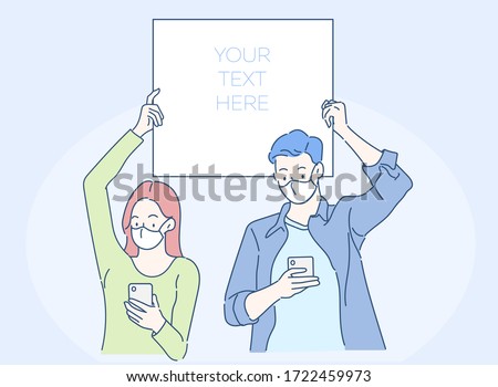 Young couple wearing facial mask are holding a speech bubble and chatting on smartphones. Hand drawn in thin line style, vector illustration. (Mask can be removable) 