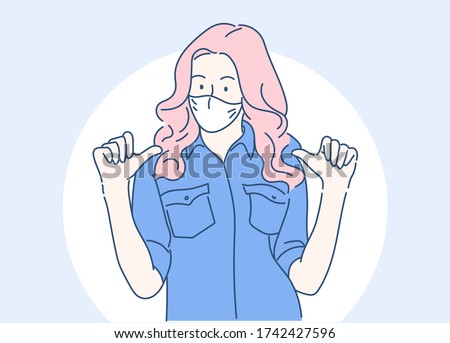 Woman wearing a mask, she looking confident and pointing oneself with fingers proud and happy. Hand drawn in thin line style, vector illustrations. (A Mask can be removable)