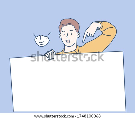 Cheerful business man is standing behind the white blank banner and pointing down at a copy space. Hand drawn in thin line style, vector illustrations. (A Mask can be removable)