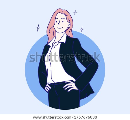 Attractive successful business woman dressed in stylish black suit. Confident businesswoman concept.
Hand drawn in thin line style, vector illustrations.
