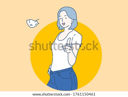 Smiling woman pointing her finger to you. Hand drawn in thin line style, vector illustrations. (A Mask can be removable)