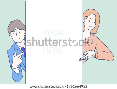 Cheerful Men and girl is standing behind the white blank banner and pointing down at a copy space. Hand drawn in thin line style, vector illustrations.