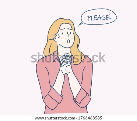 Woman holding hands in prayer and asking for help with pleading imploring expression. Hand drawn in thin line style, vector illustrations. Imagine de stoc © 