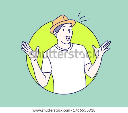 Young man wearing a summer hat, he is happy and surprised cheering expressing wow gesture. Hand drawn in thin line style, vector illustrations.