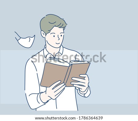 Young man reading a book. Hand drawn in thin line style, vector illustrations. (A Mask can be removable)