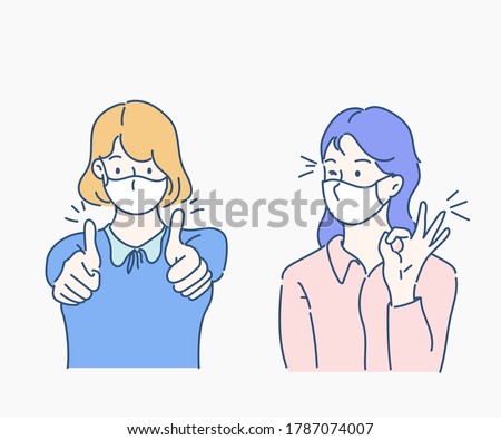 Young woman are wearing face mask and raising both thumbs up, smiling and confident. Hand drawn in thin line style, vector illustration. (A Mask can be removable)