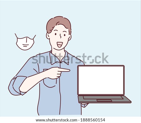 Young man pointing finger at blank screen laptop computer. Hand drawn in thin line style, vector illustrations. (A Mask can be removable) 