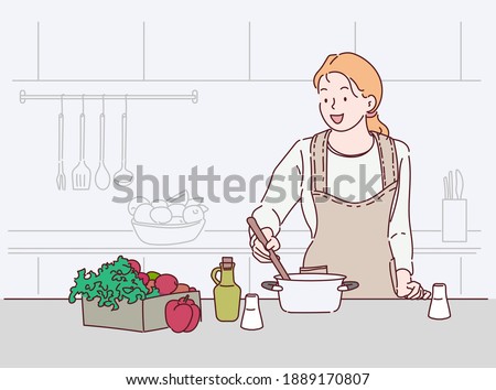 Young woman cooking in the kitchen. Healthy food. Healthy Lifestyle. Cooking at home. Hand drawn in thin line style, vector illustrations.