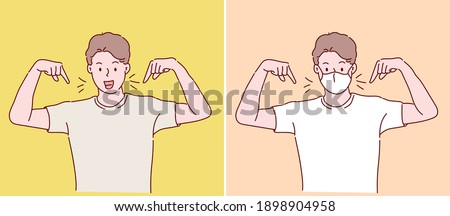 Man wearing a mask, he looking confident and pointing oneself with fingers proud and happy. Hand drawn in thin line style, vector illustrations. (A Mask can be removable)