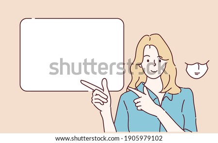 Smiling business woman pointing finger at copy space. Hand drawn in thin line style, vector illustrations. (A Mask can be removable)