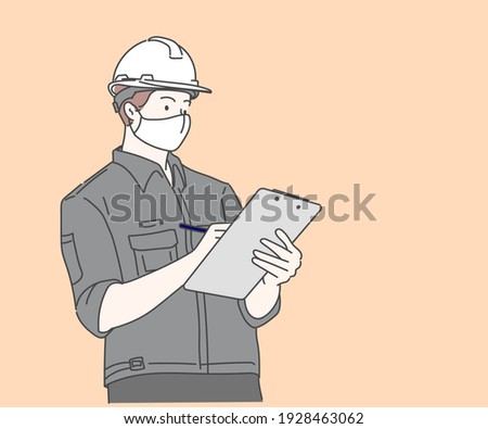 Engineer checklist on the clipboard. Hand drawn in thin line style, vector illustrations. (A Mask can be removable)