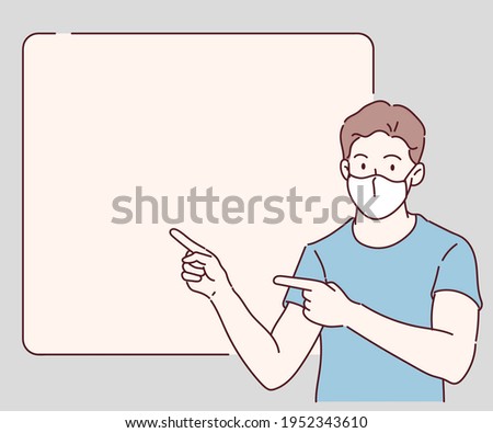 A man pointing finger at copy space, he wearing a face mask. Hand drawn in thin line style, vector illustrations. (A Mask can be removable)