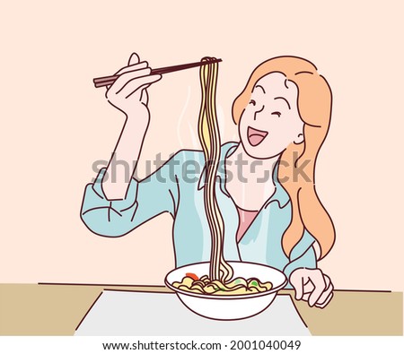 Young woman eating noodles in chinese restaurant. Hand drawn in thin line style, vector illustrations.