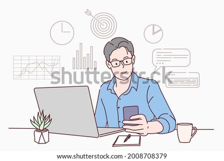 Young happy businessman using laptop computer working at his desk at home office. Hand drawn in thin line style, vector illustrations.
