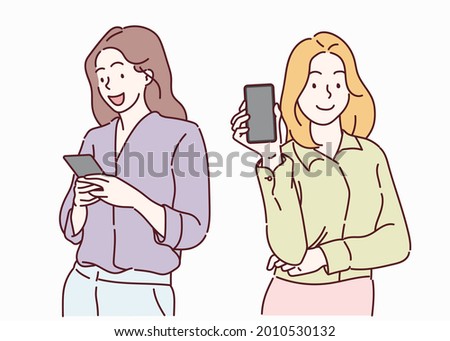 Young smiling business woman using smartphone. Hand drawn in thin line style, vector illustrations.