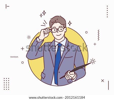 Attractive businessman holding tablet computer.Concept of leadership. Hand drawn in thin line style, vector illustrations.