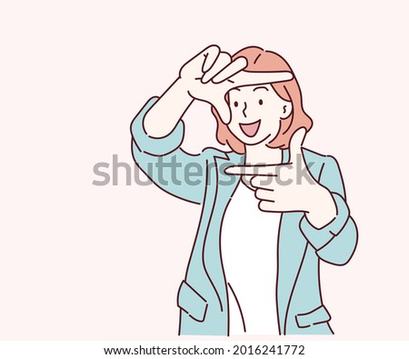 Young woman shows a frame from hands like take photography with happy face. Creativity and photography concept. Hand drawn in thin line style, vector illustrations.
