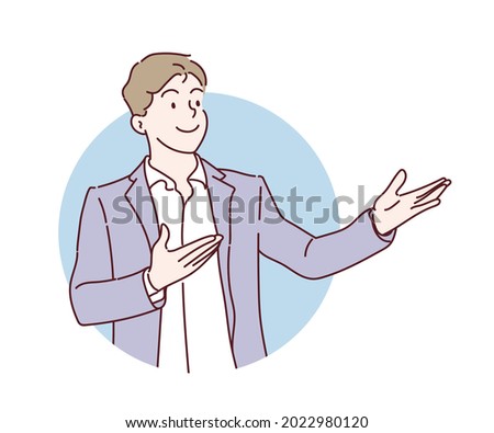 Businessman showing something or presenting project. Hand drawn in thin line style, vector illustrations.