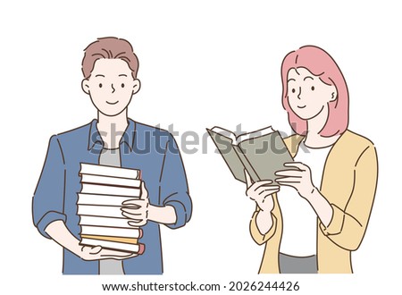 
Man and woman hold a books, student reading a book in hands. Hand drawn in thin line style, vector illustrations.
