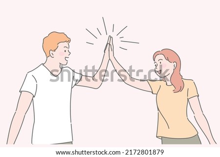 Hi five, Cheerful lady and handsome guy couple clapping arms. Hand drawn in thin line style, vector illustration.