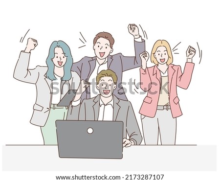 Successful business team with arms raised at desk in office. Working team concept. Hand drawn in thin line style, vector illustrations.